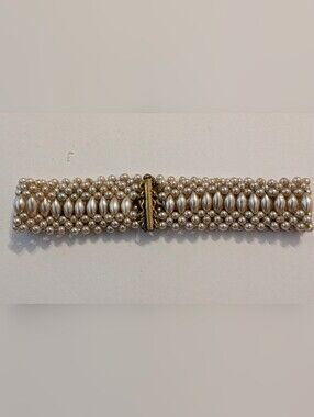1950s Faux Pearl Woven Wide Cuff Bracelet Slide Barrel Clasp Vintage
